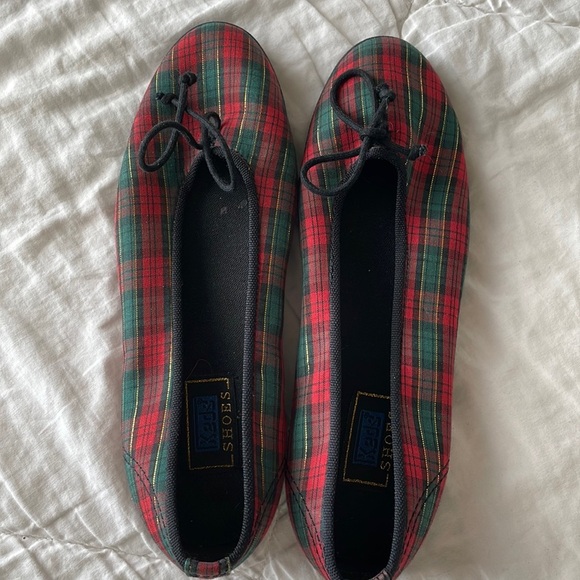 Pair of Plaid Red, Green, and Gold Plaid Keds Flats - Picture 1 of 8